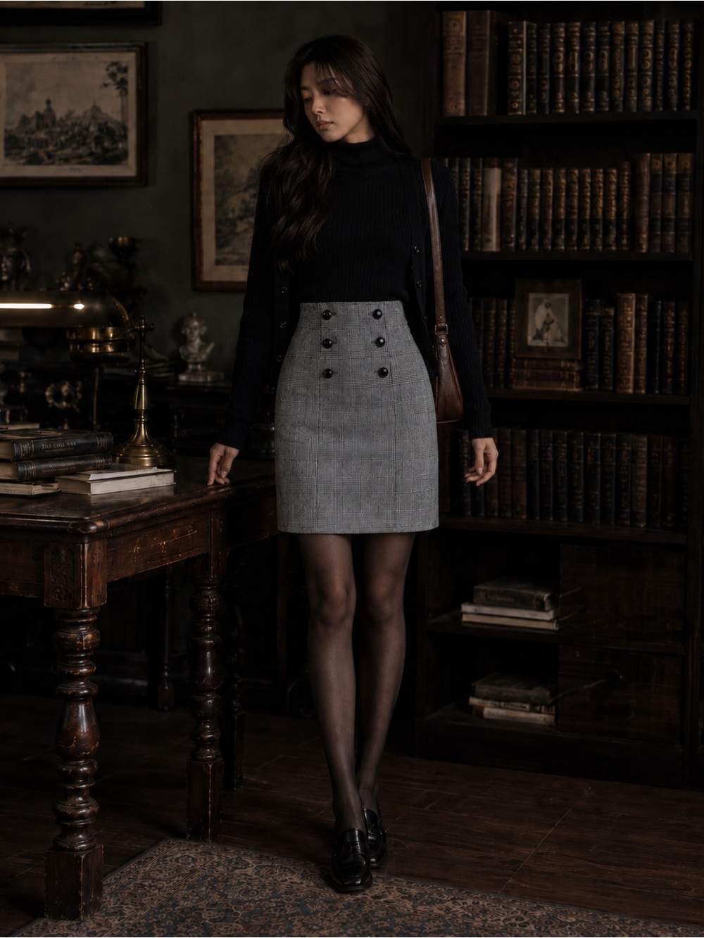 Banana Republic Grey Plaid Wool High Waist Skirt Dark Academia Librarian size 0